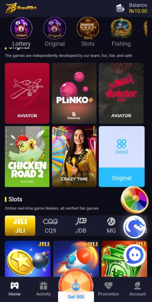 Royal8bet game home section screenshot