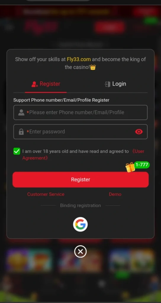 FLY33 game registration process