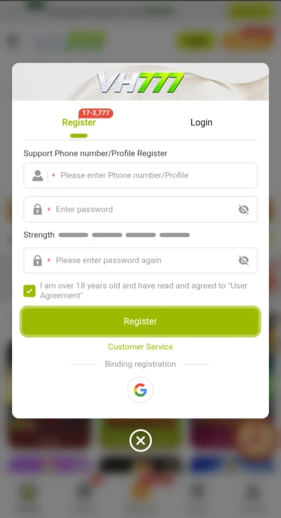 How to register an account on the VH777 app